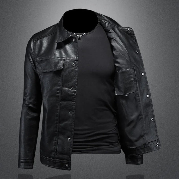 Men’s Classic Leather Jacket - Button-Front Casual Outerwear
