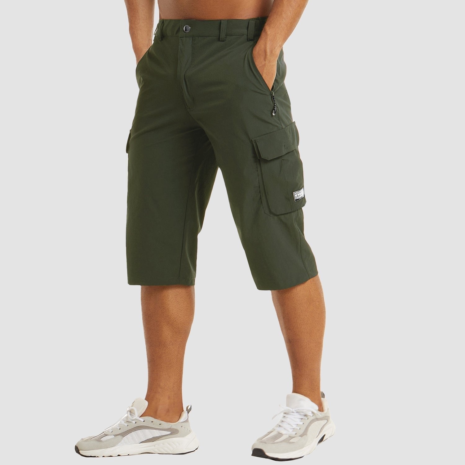 Men's Knee-Length Straight-Leg Cargo Shorts Belt Loop Button Waist - Dark Green