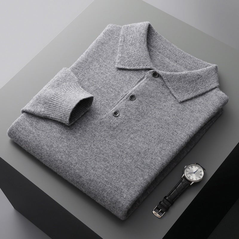 Men's Knit Long-Sleeve Three-Button Polo Jumper Regular Fit - Grey