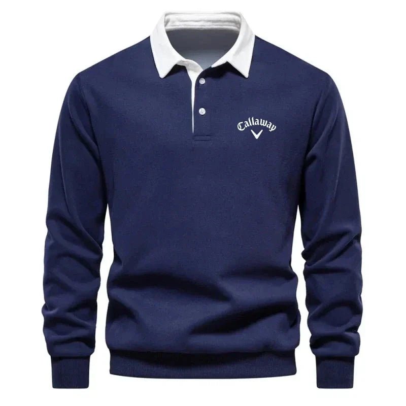 Men's Long-Sleeve Contrast Collar Cotton-Blend Golf Polo Jumper - Navy Blue