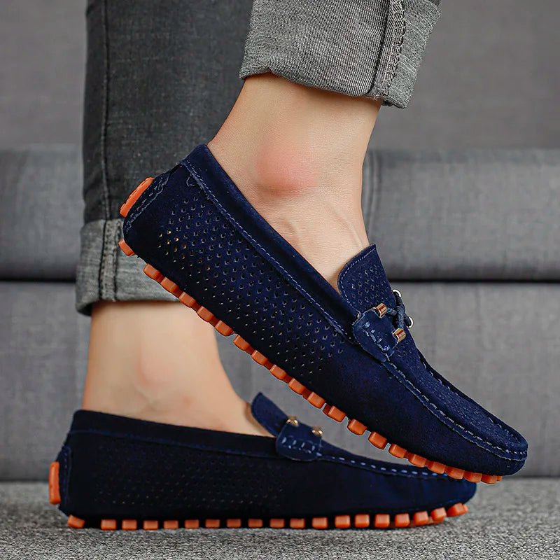 Men's Perforated Suede Slip-On Loafers Contrast Sole
