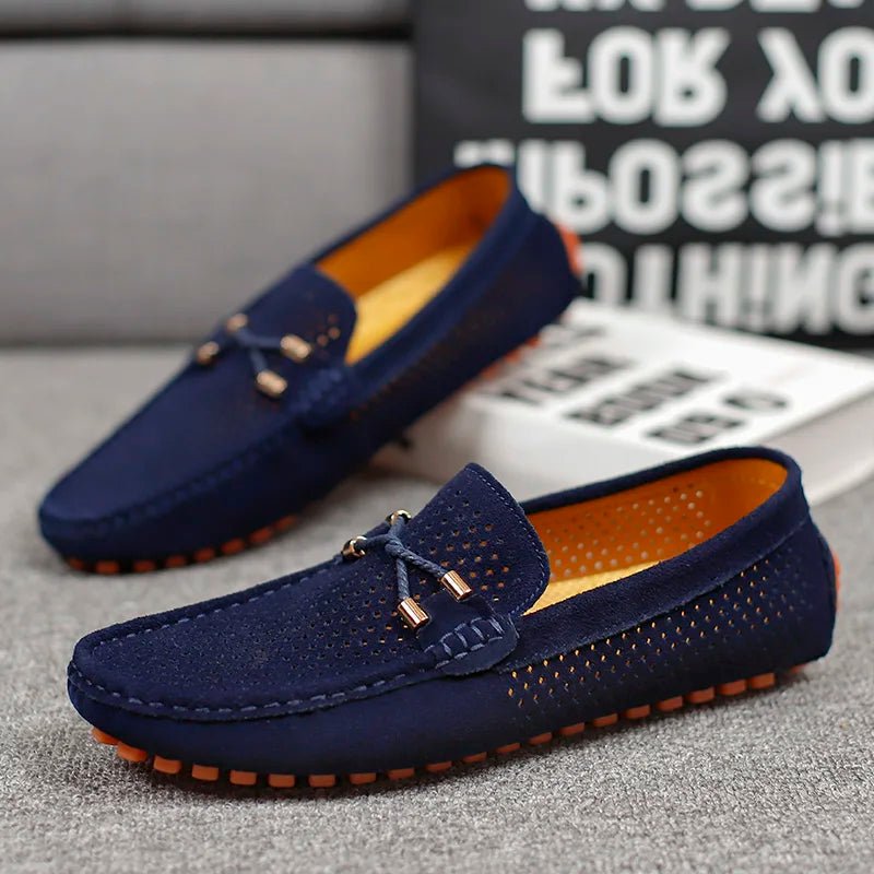 Men's Perforated Suede Slip-On Loafers Contrast Sole