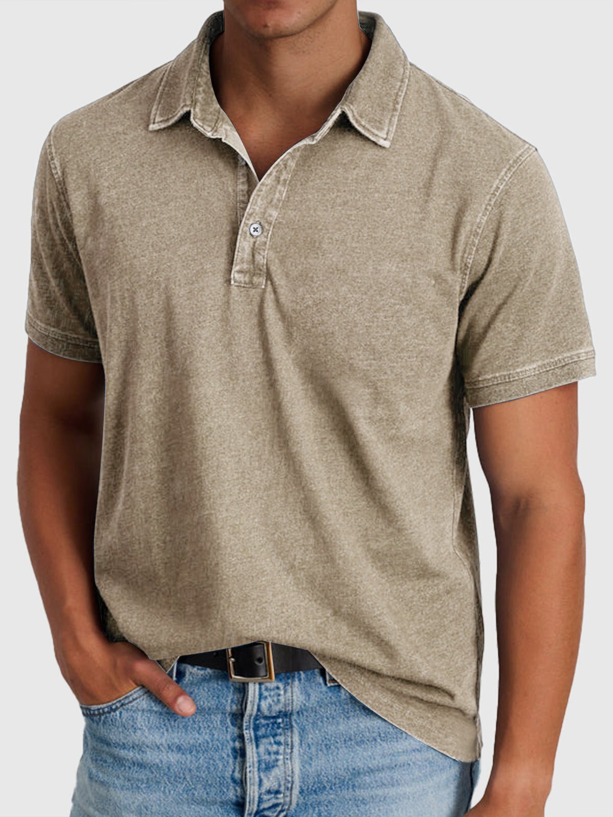 Men's Regular-Fit Cotton-Denim Short-Sleeve Polo Shirt - Khaki