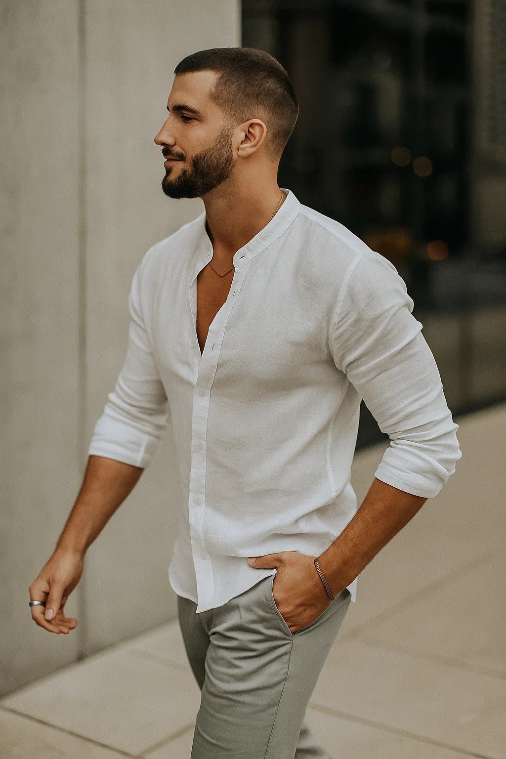 Men's Regular-Fit Linen Grandad Collar Long-Sleeve Shirt