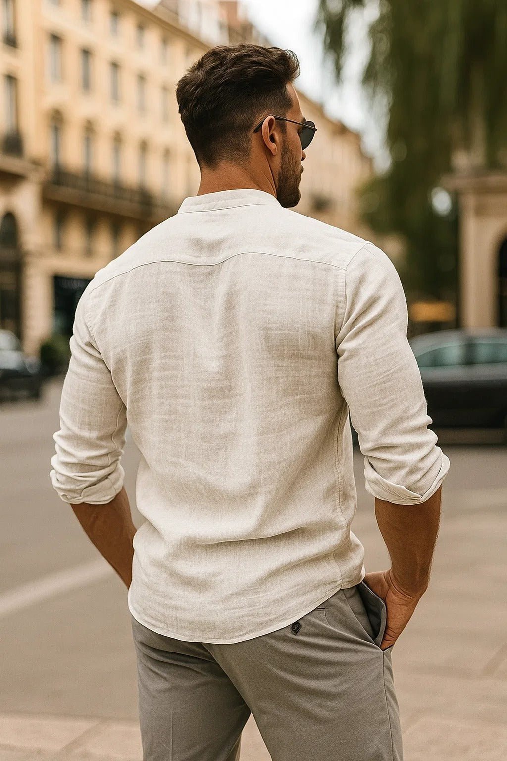 Men's Regular-Fit Linen Grandad Collar Long-Sleeve Shirt