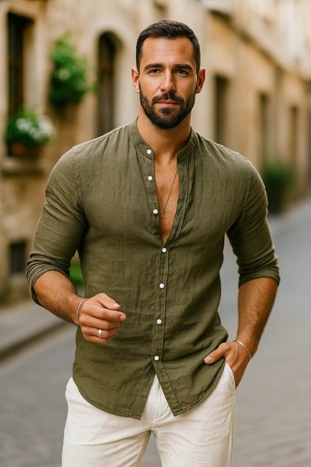 Men's Regular-Fit Linen Grandad Collar Long-Sleeve Shirt - Army Green