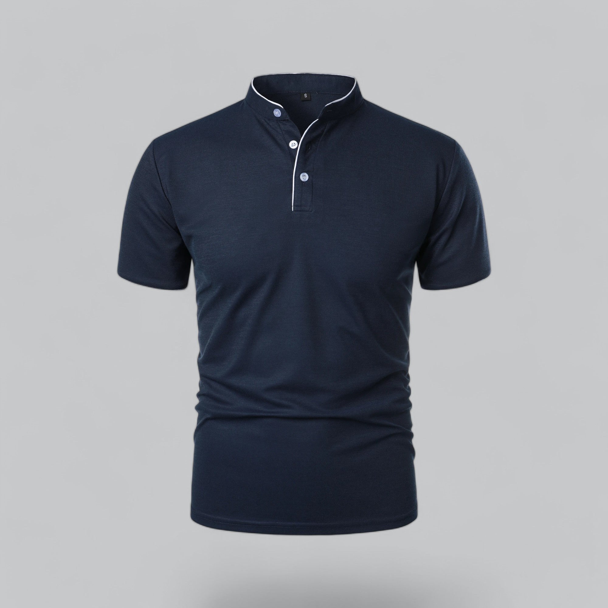 Men's Regular-Fit Short-Sleeve Mandarin Collar Cotton Polo Shirt - Navy Blue