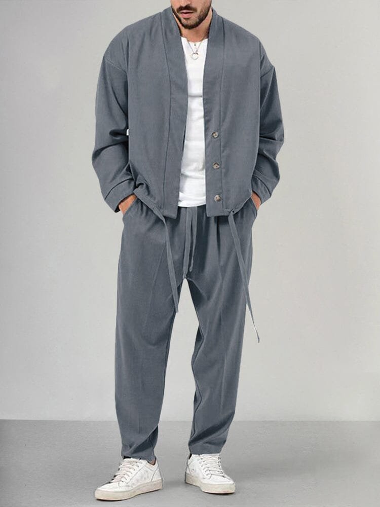 Men's Relaxed-Fit Button-Front Overshirt Drawstring Trouser Lounge Set - Gray