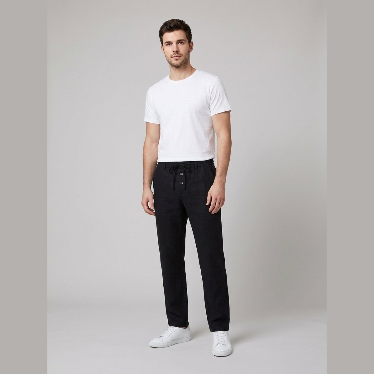 Men's Relaxed-Fit Drawstring Linen Pleated Trousers - Black