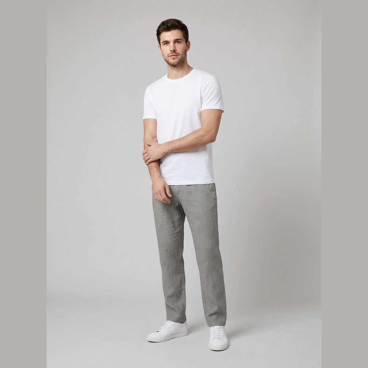Men's Relaxed-Fit Drawstring Linen Pleated Trousers - Gray