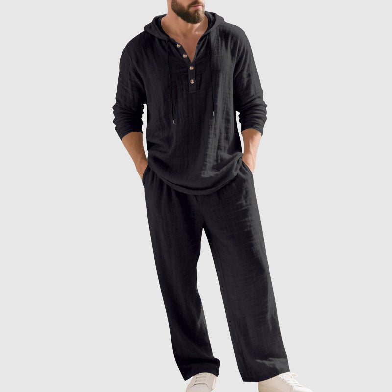 Men's Relaxed-Fit Hooded Linen Two-Piece Henley Shirt Trouser Set - Black