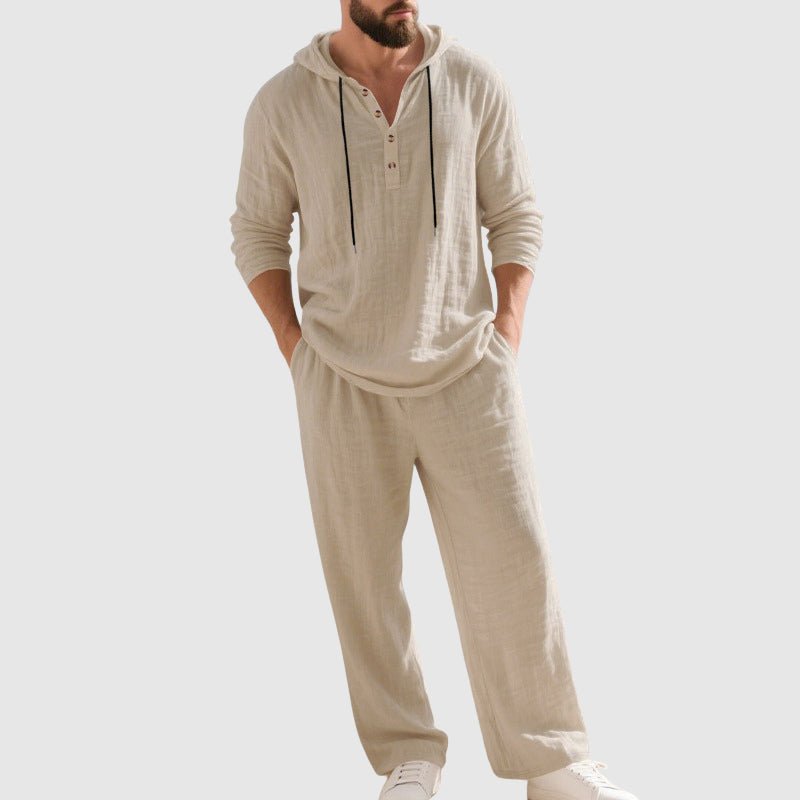 Men's Relaxed-Fit Hooded Linen Two-Piece Henley Shirt Trouser Set - Beige