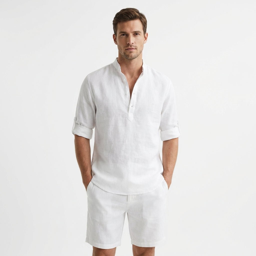 Men's Relaxed-Fit Linen Mandarin-Collar Henley Shirt - Blanco