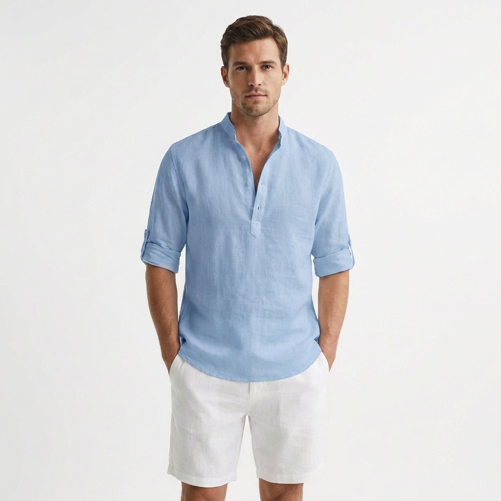 Men's Relaxed-Fit Linen Mandarin-Collar Henley Shirt - Azul Claro