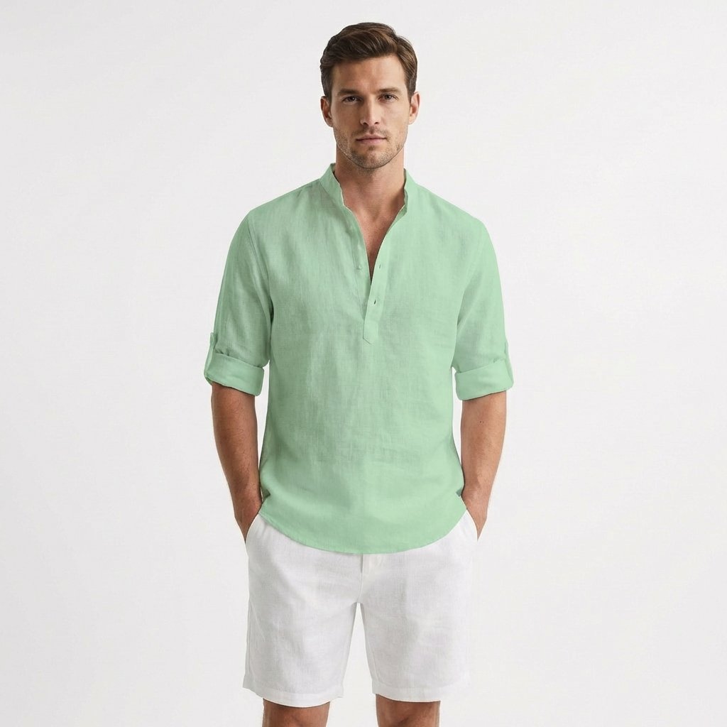 Men's Relaxed-Fit Linen Mandarin-Collar Henley Shirt - Verde menta
