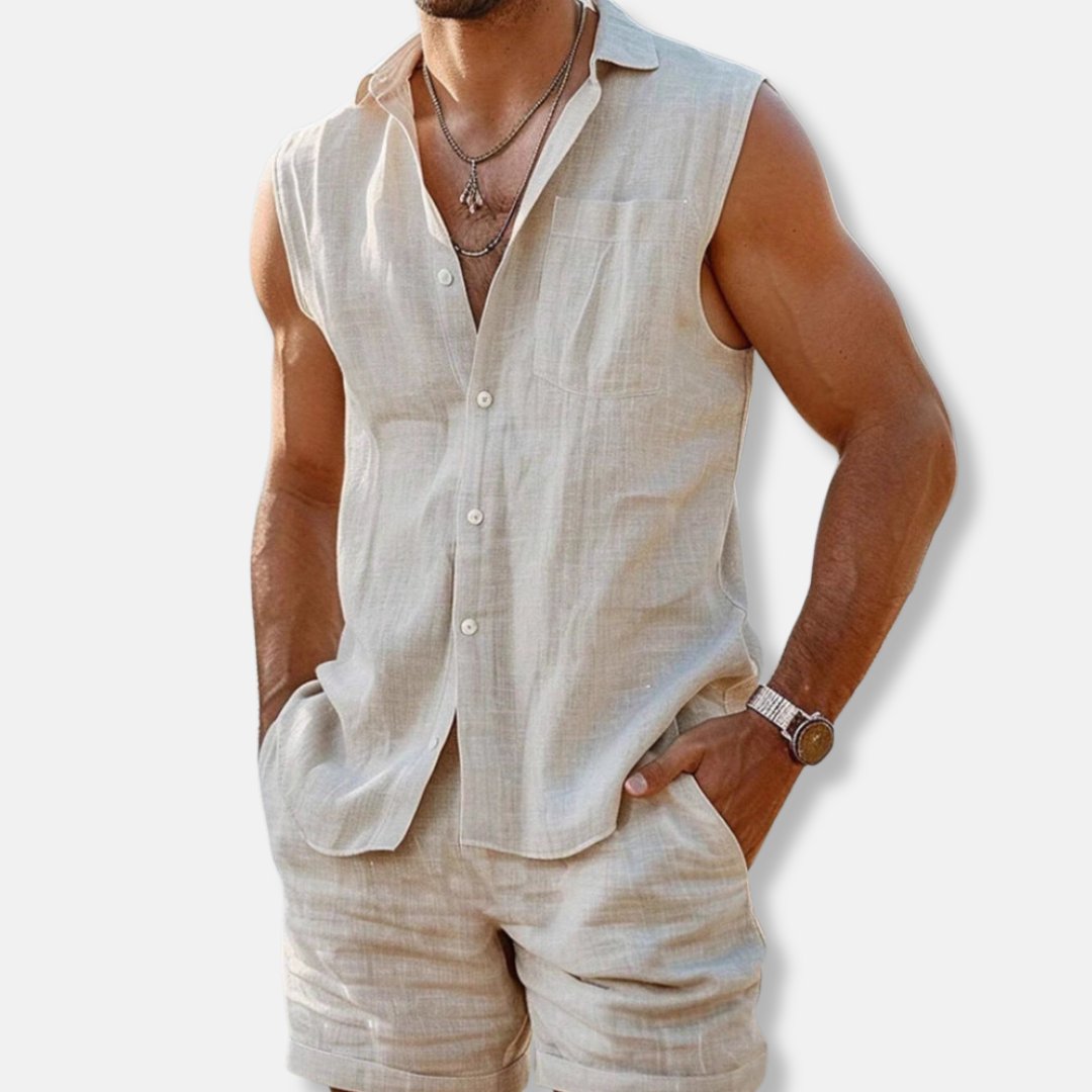 Men's Sleeveless Linen-Look Button-Down Shirt Shorts Set - Off Whte