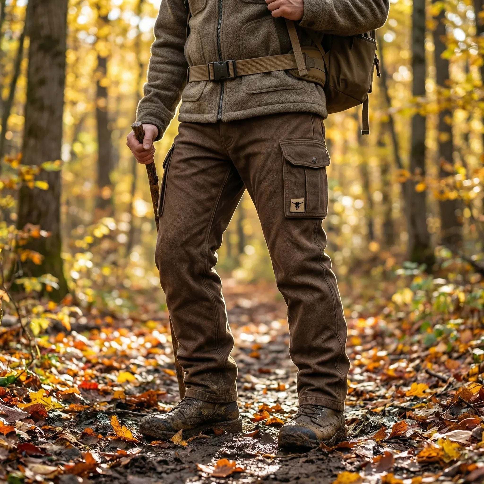 Men's Slim Tapered-Fit Cargo Trousers Flap-Pocket Bull Patch