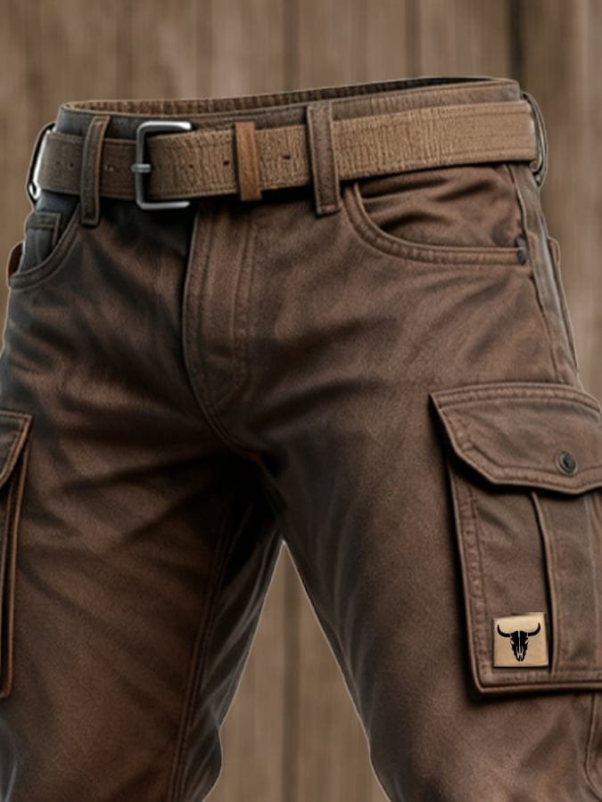 Men's Slim Tapered-Fit Cargo Trousers Flap-Pocket Bull Patch