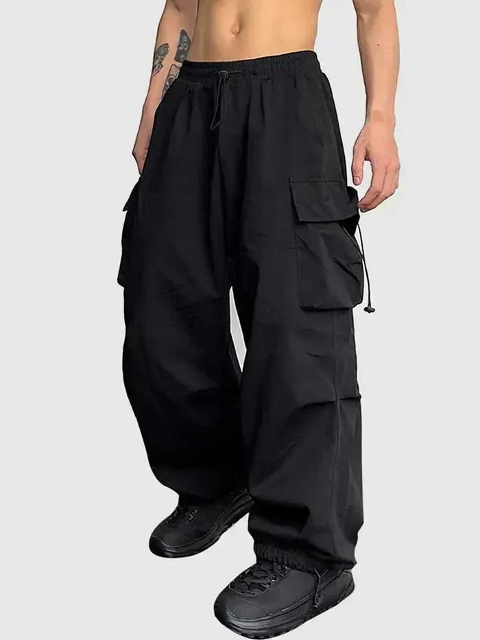 Men's Wide-Leg Relaxed-Fit Drawstring Cargo Trousers - Black
