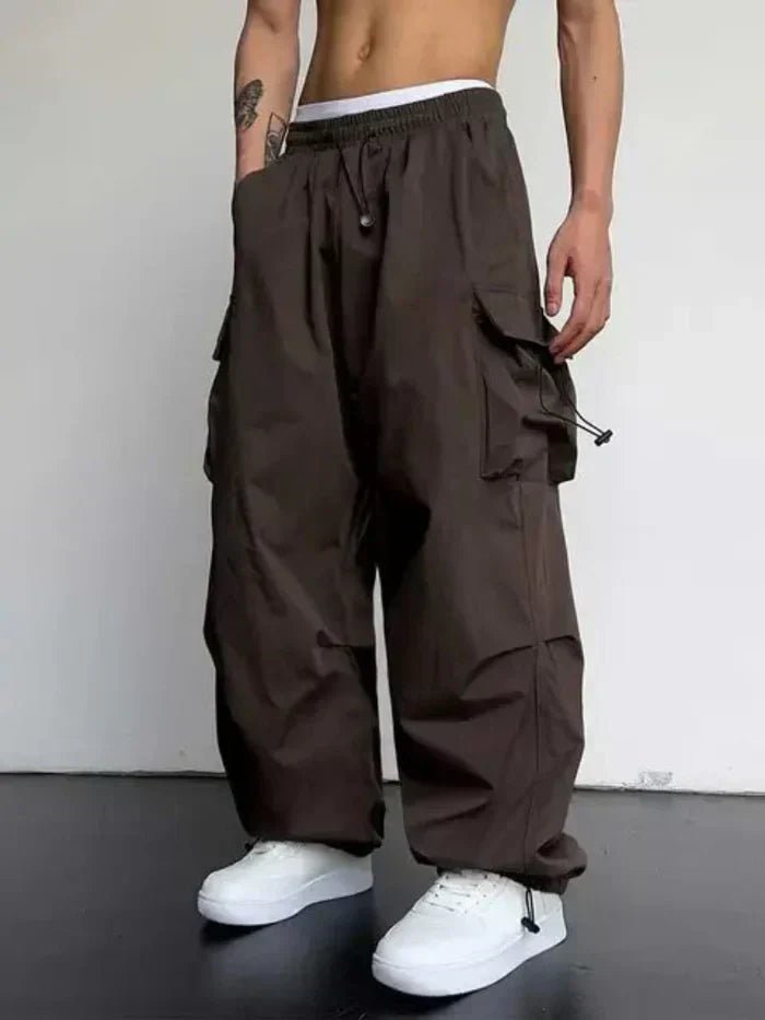 Men's Wide-Leg Relaxed-Fit Drawstring Cargo Trousers - Dark Brown
