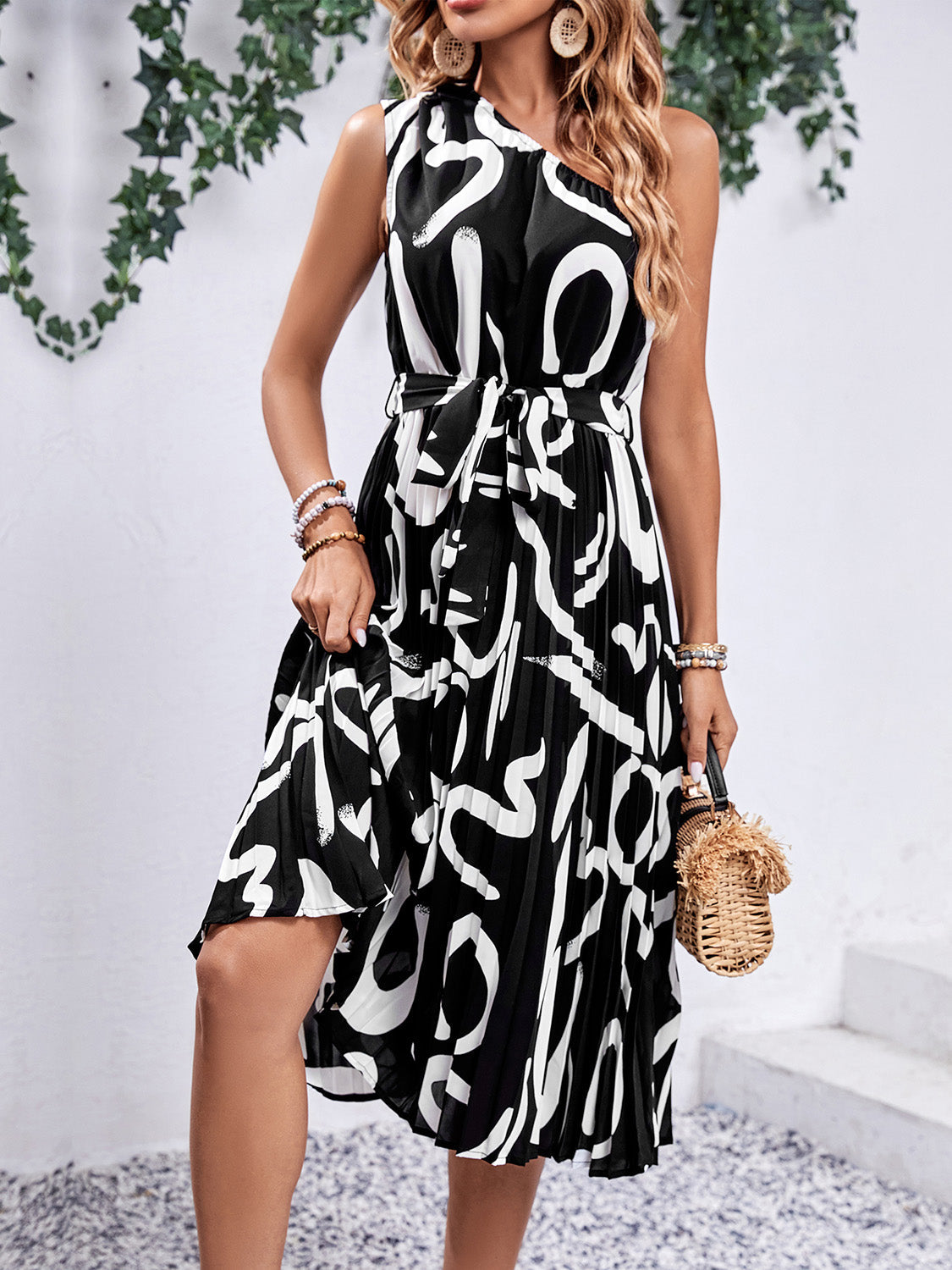 Callista - Abstract One-Shoulder Pleated Midi Dress