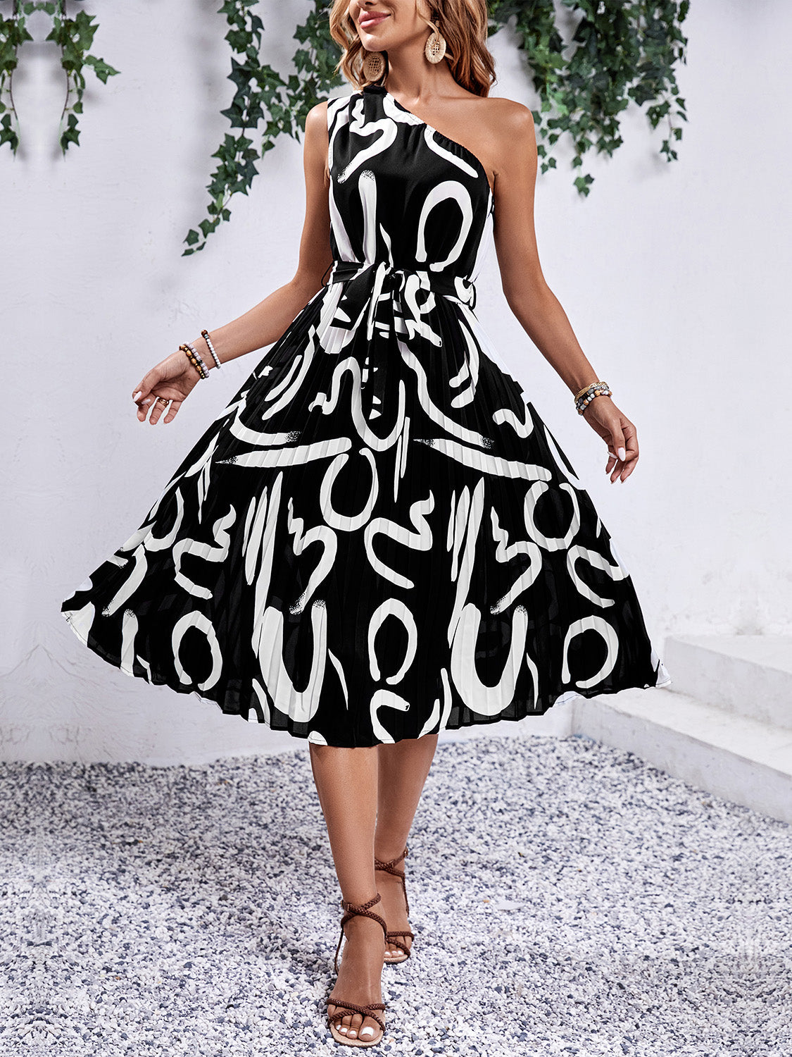 Callista - Abstract One-Shoulder Pleated Midi Dress