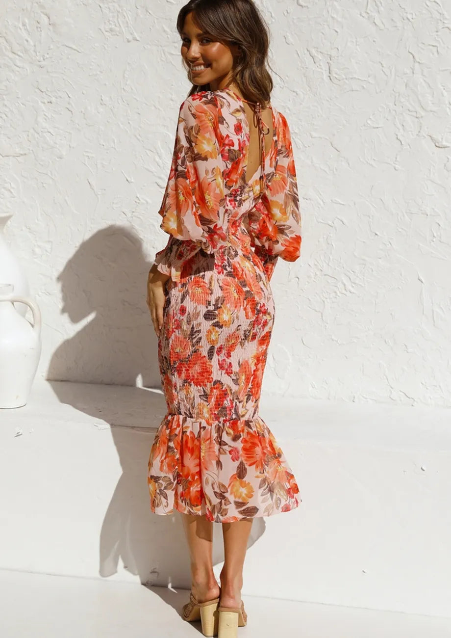 Bridgit - Print V‑Neck Ruffle Maxi Dress