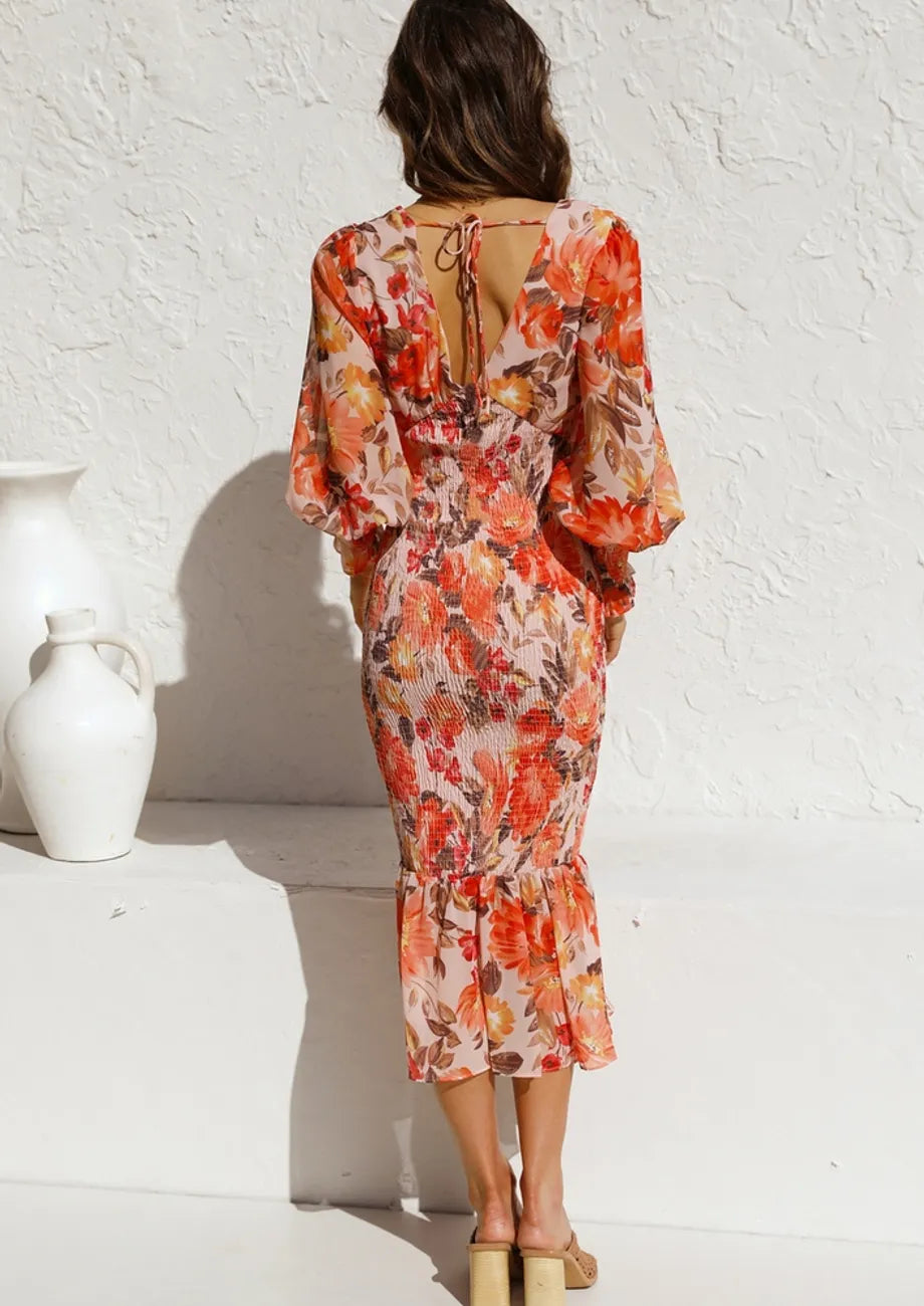 Bridgit - Print V‑Neck Ruffle Maxi Dress