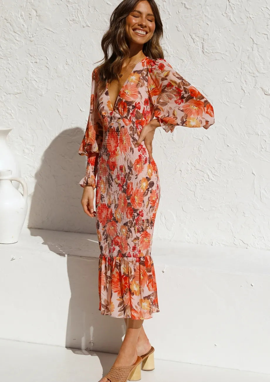 Bridgit - Print V‑Neck Ruffle Maxi Dress