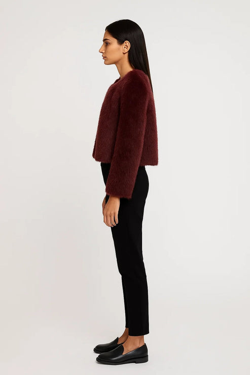 Women’s Cropped Faux Fur Jacket - Elegant Open Front Coat