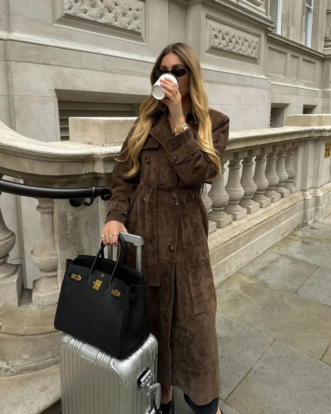 Women’s Suede Trench Coat – Double-Breasted & Self-Tie Waist