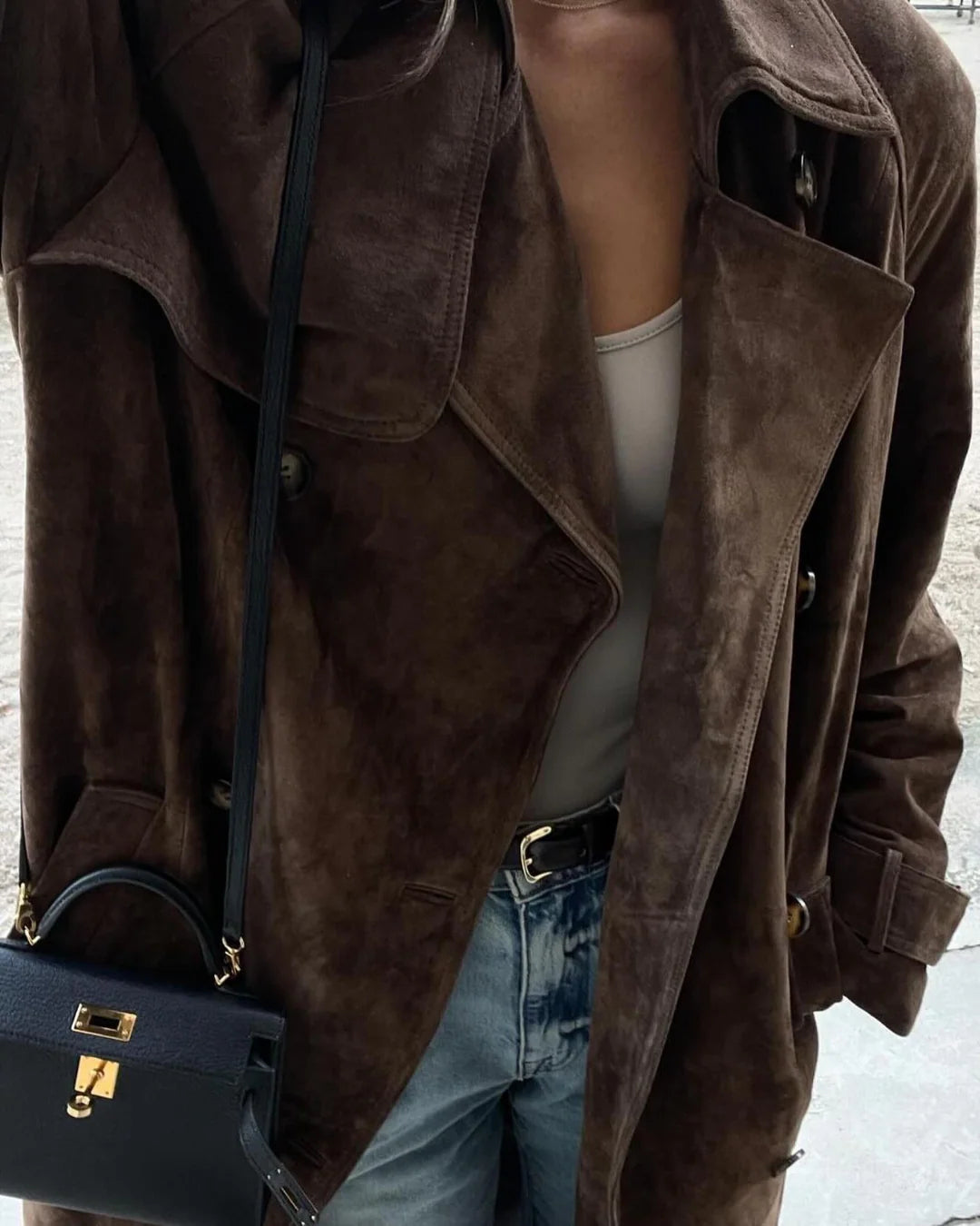 Women’s Suede Trench Coat – Double-Breasted & Self-Tie Waist