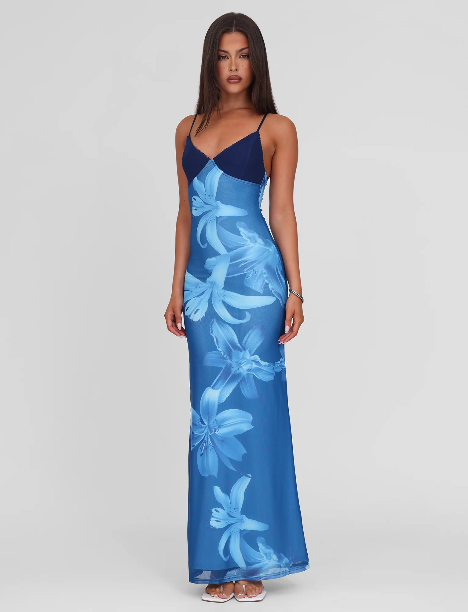 Alaina - Blue Floral Mesh Maxi Dress