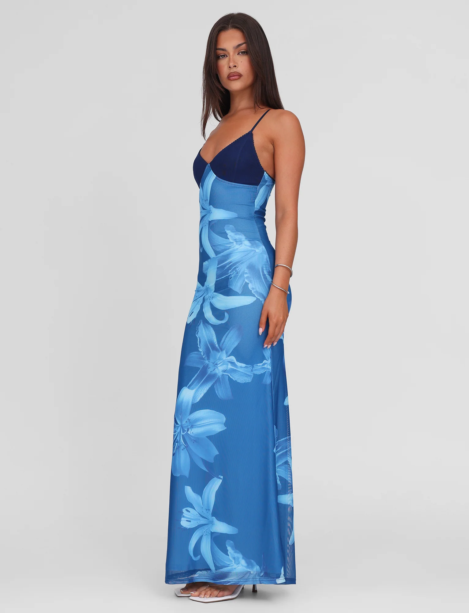 Alaina - Blue Floral Mesh Maxi Dress