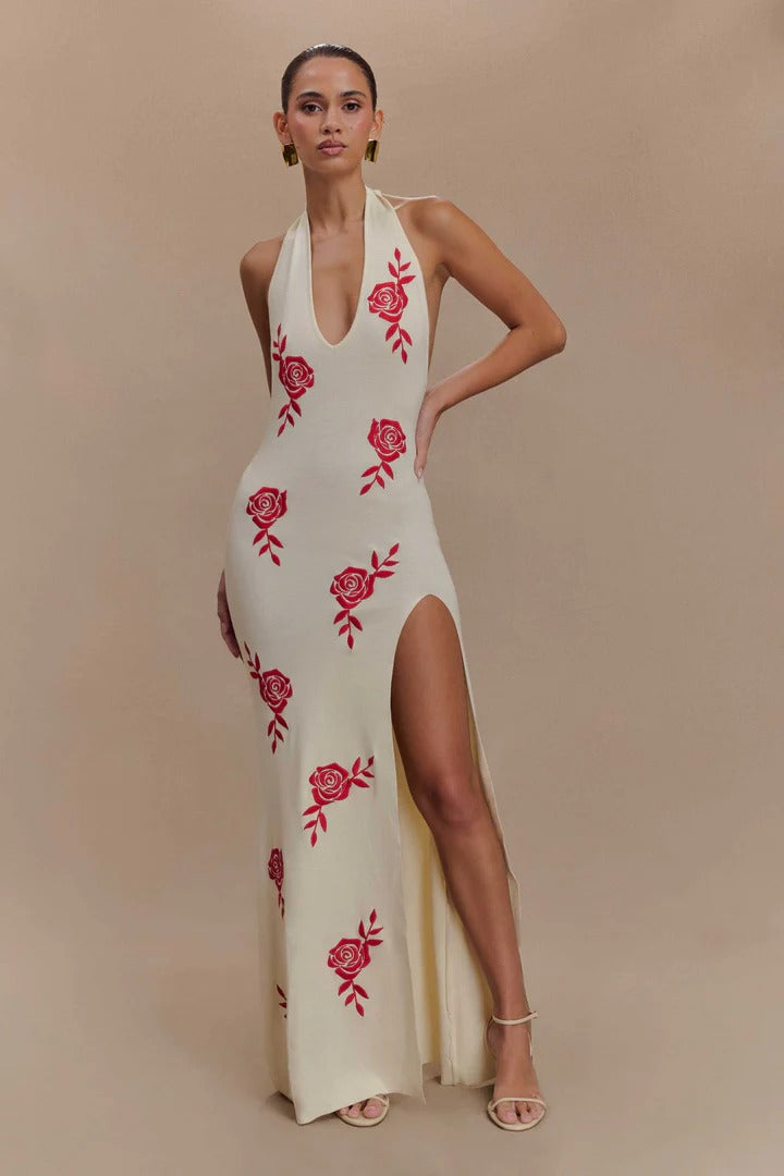 Valentina - Rose Embroidered Halter Neck Maxi Dress