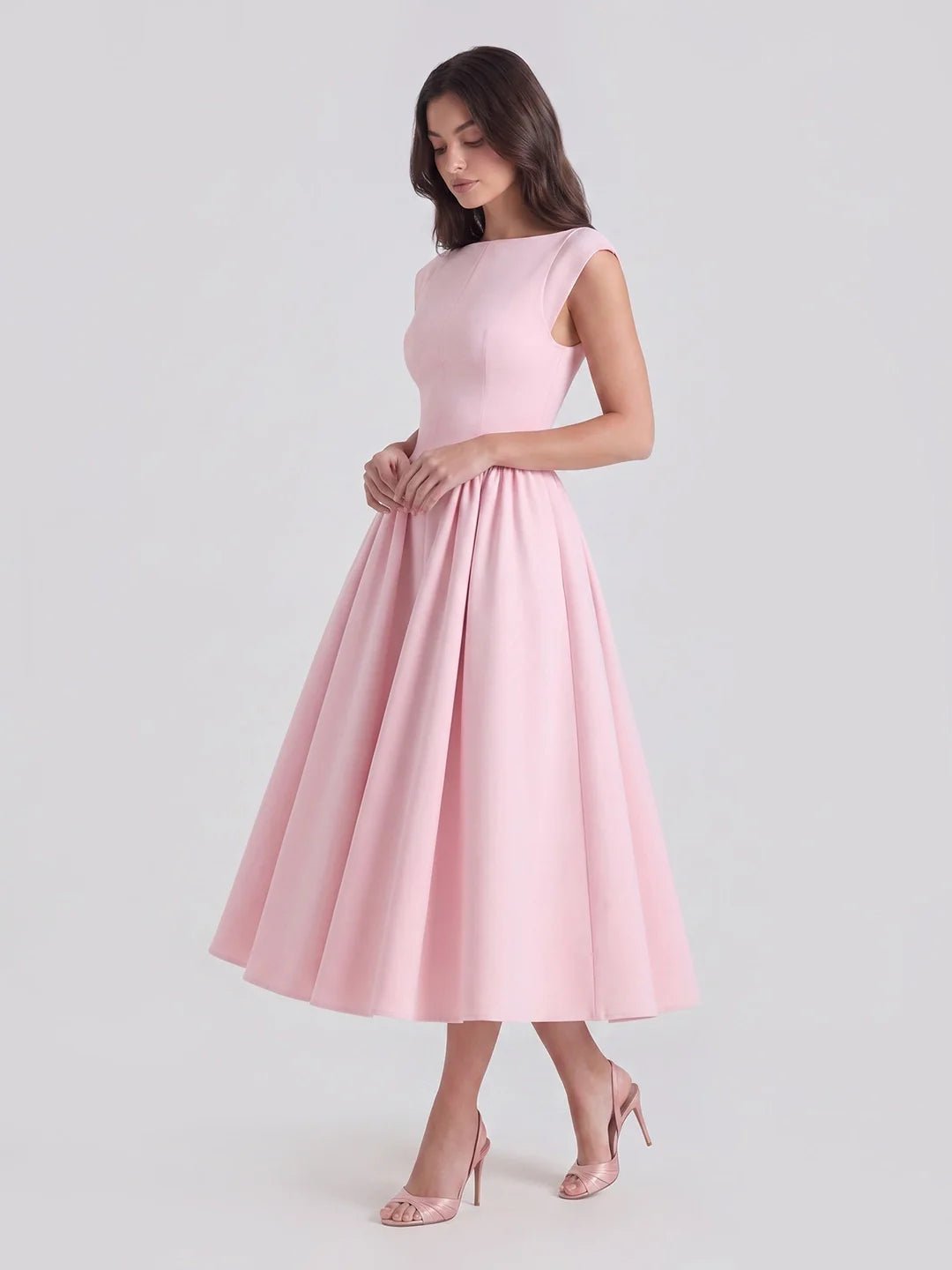 Women's 1950s-Inspired Satin Full-Skirt Midi Dress Bateau Neck - Soft Pink