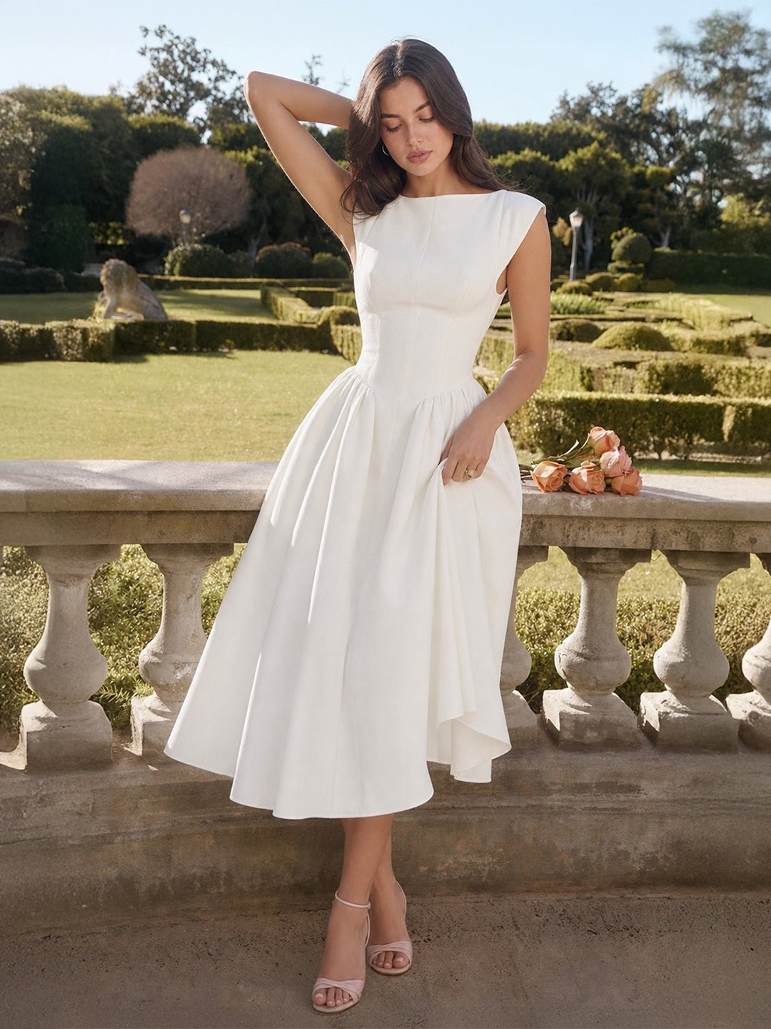 Women's 1950s-Inspired Satin Full-Skirt Midi Dress Bateau Neck