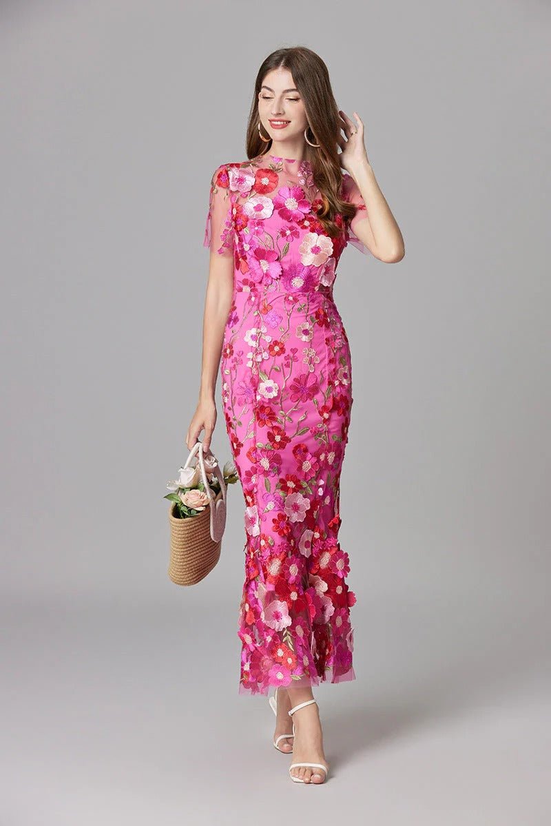 Women's 3D Floral Appliqué Sheer Mesh Sleeveless Column Maxi Dress