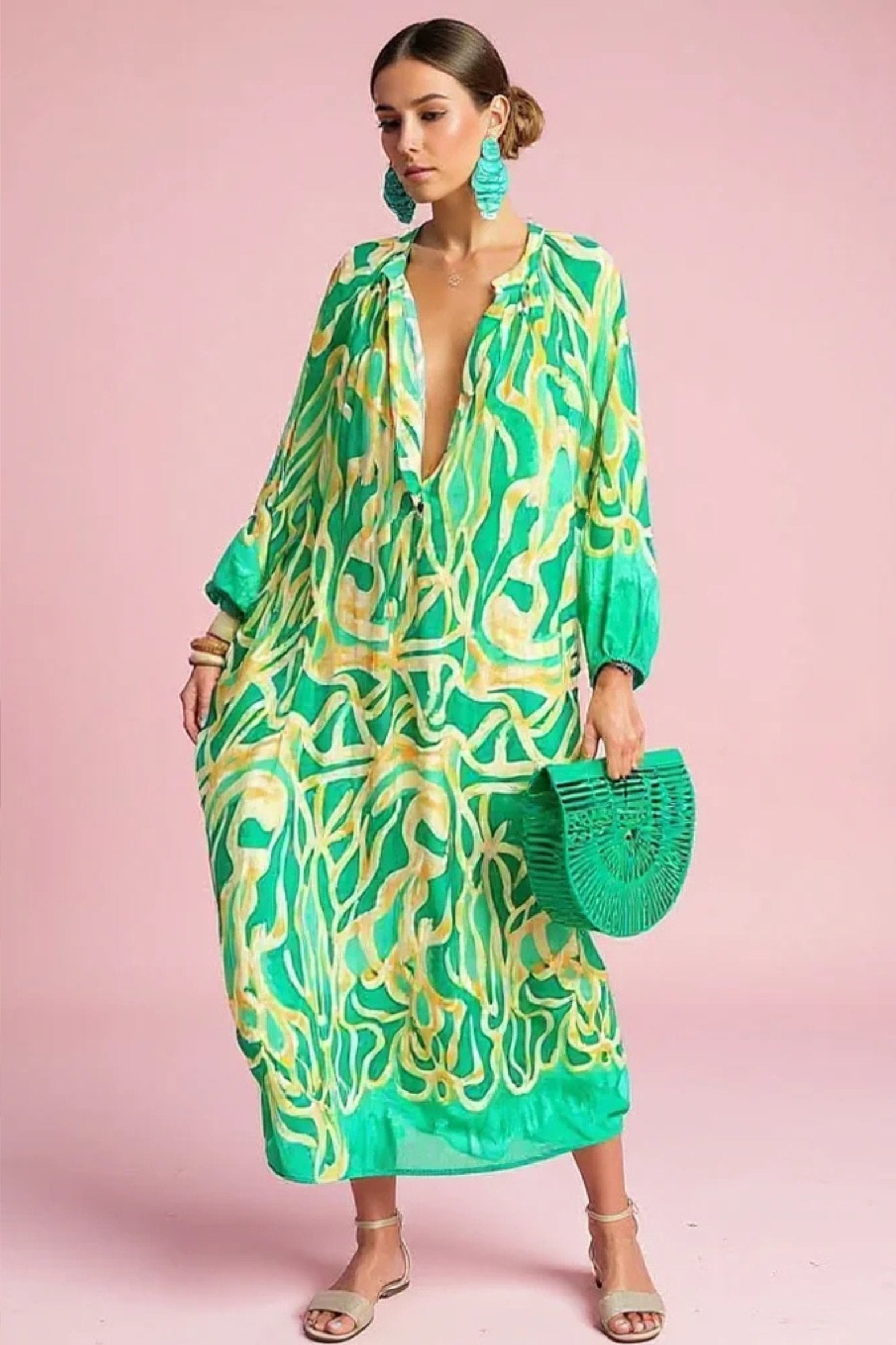Women's Abstract Print Deep V-Neck Relaxed Kaftan Maxi Dress - Green