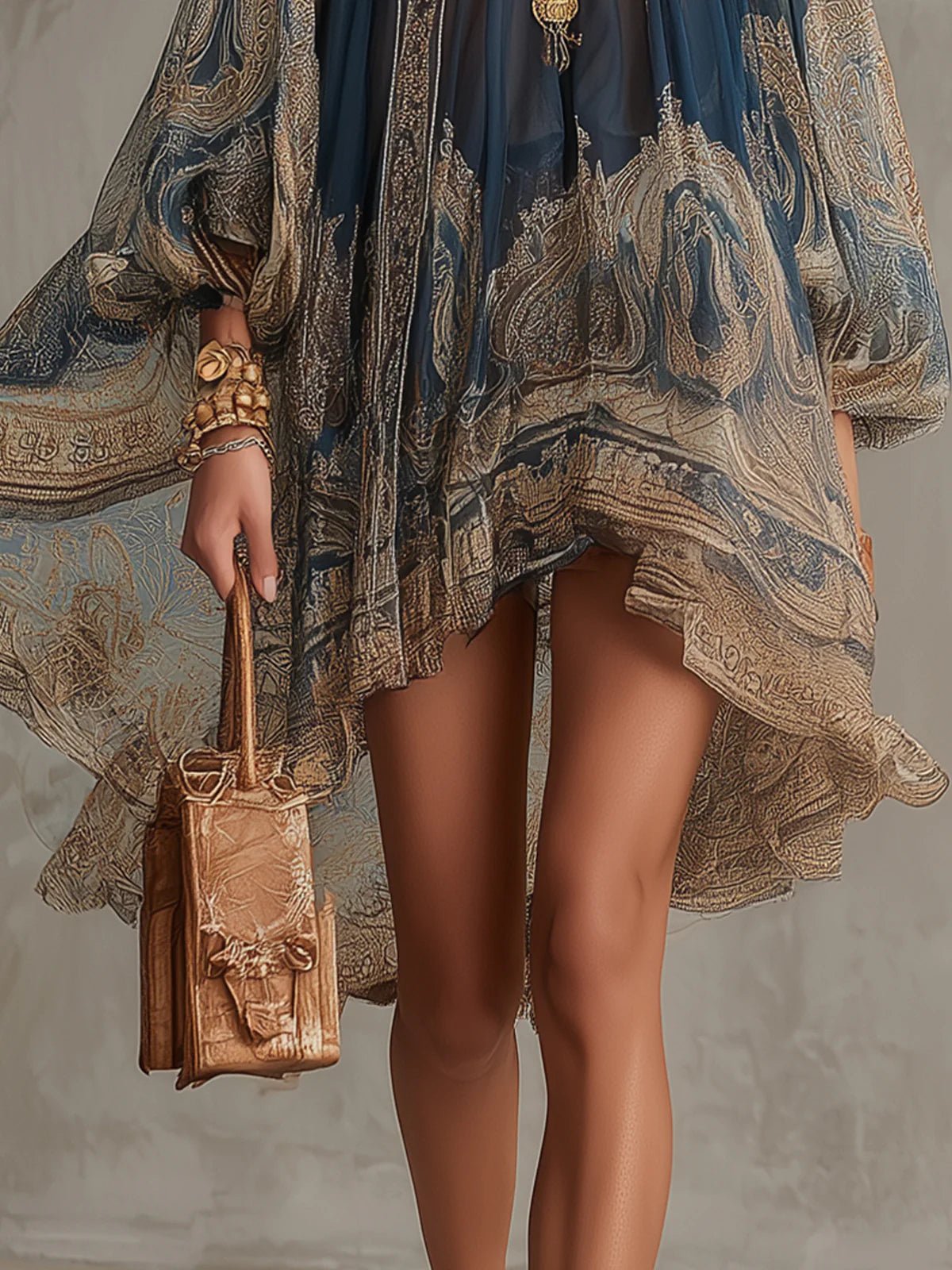 Women's Baroque Print Chiffon High-Neck Asymmetric Mini Dress