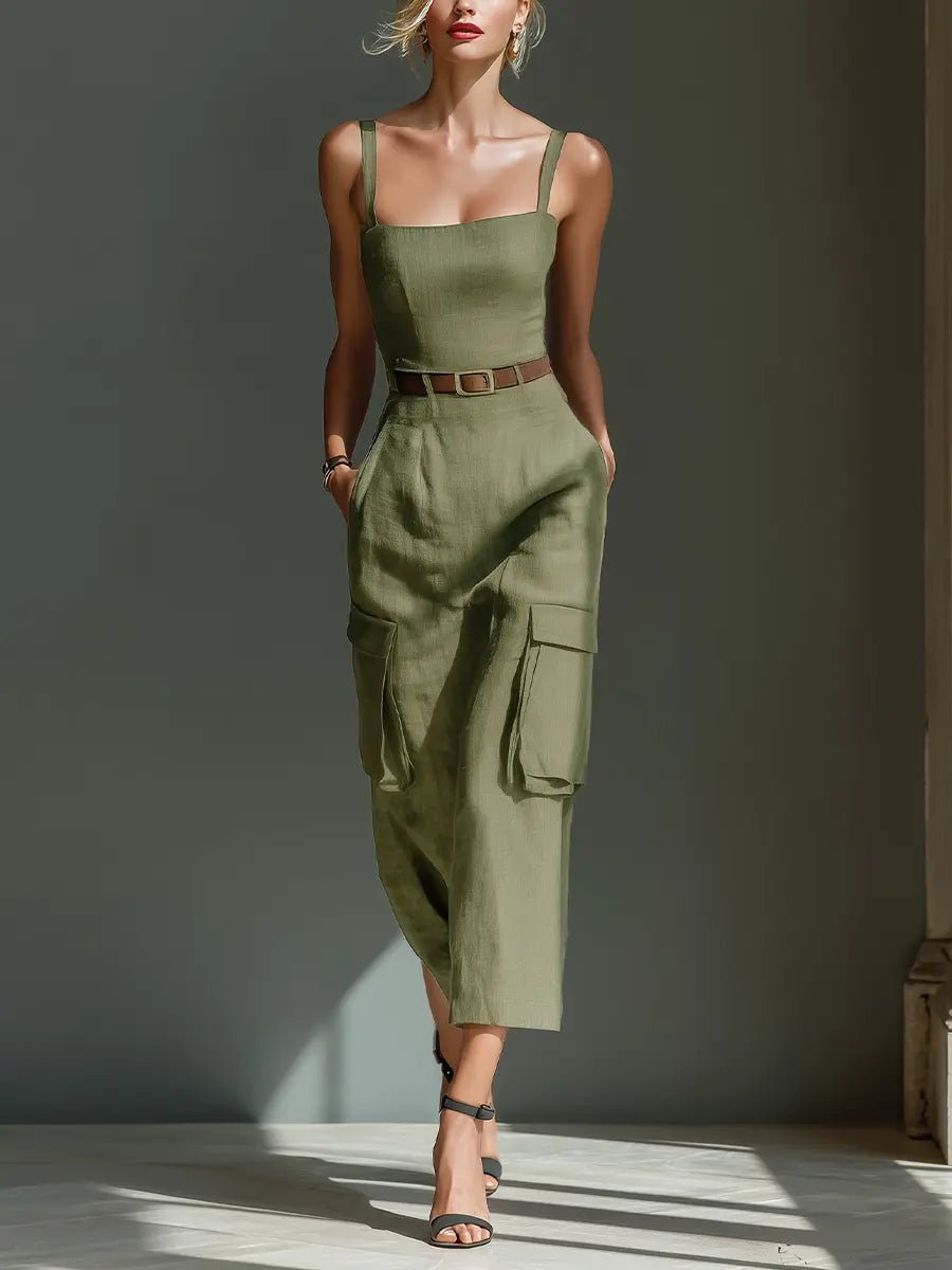 Women's Belted Linen Cargo-Pocket Midi Dress - Olive Green