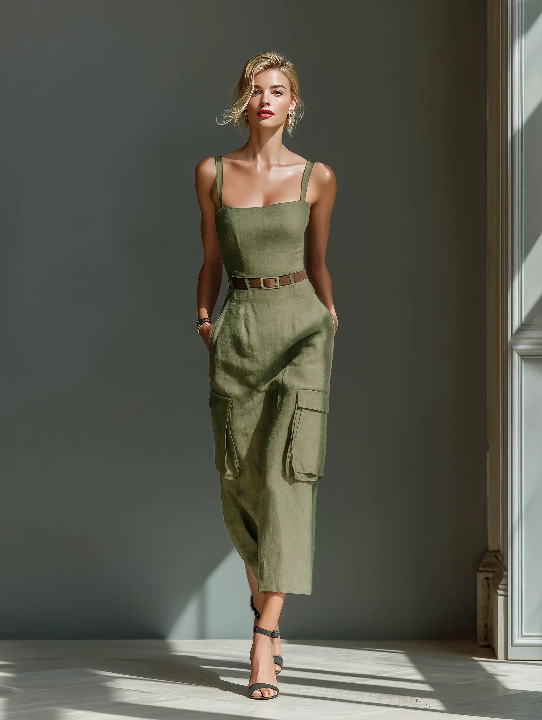 Women's Belted Linen Cargo-Pocket Midi Dress