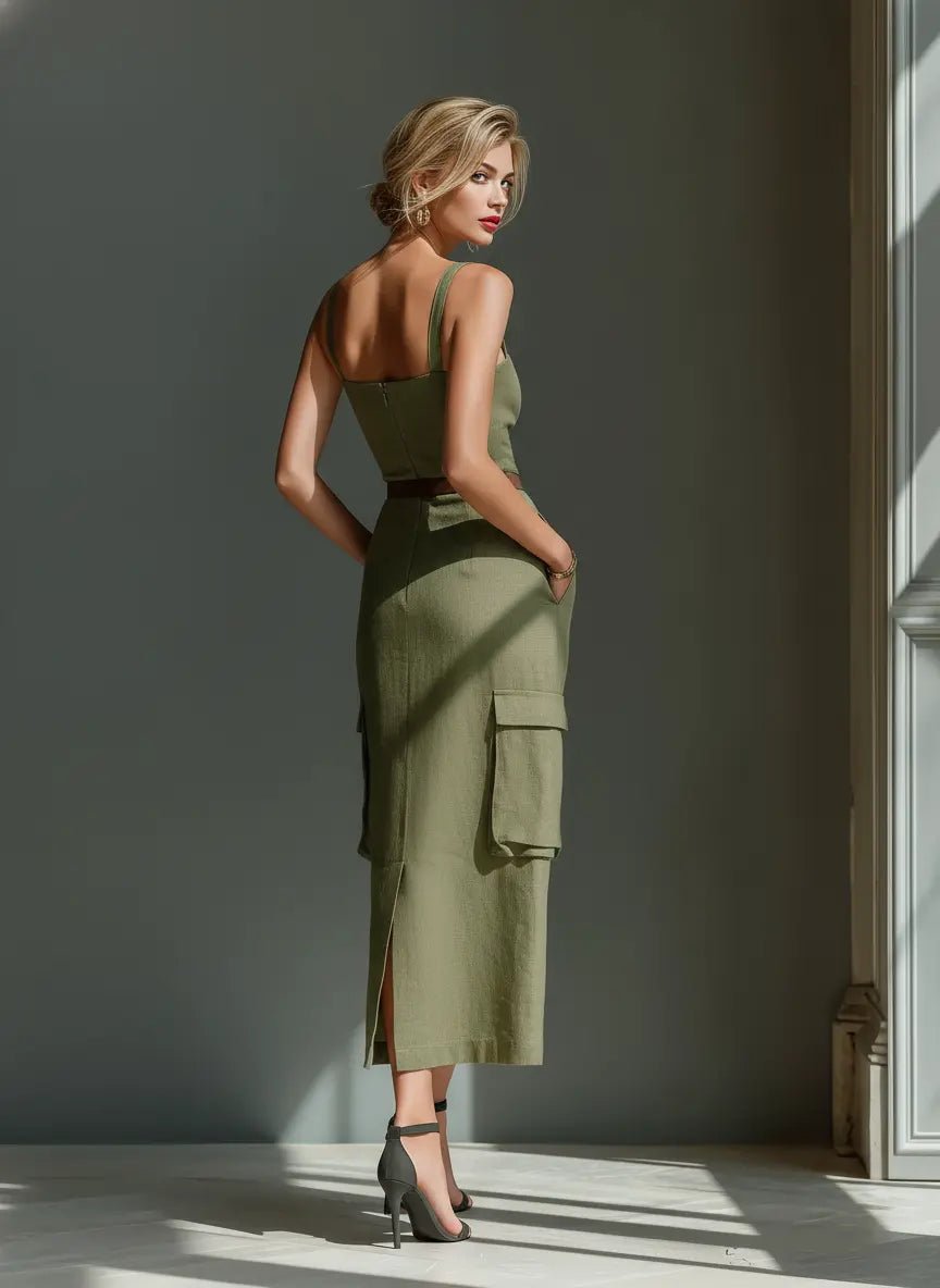 Women's Belted Linen Cargo-Pocket Midi Dress