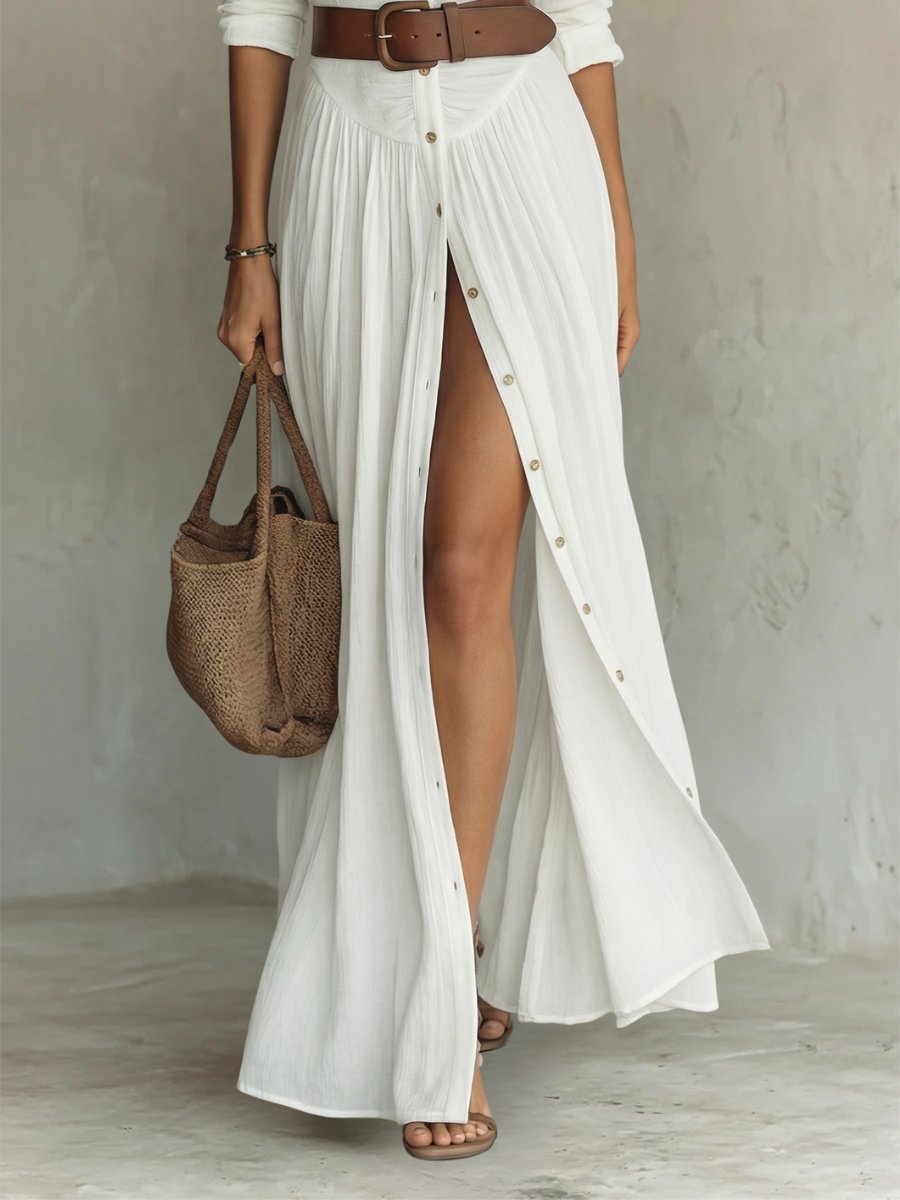Women's Boho Button-Front Belted Maxi Shirt Dress