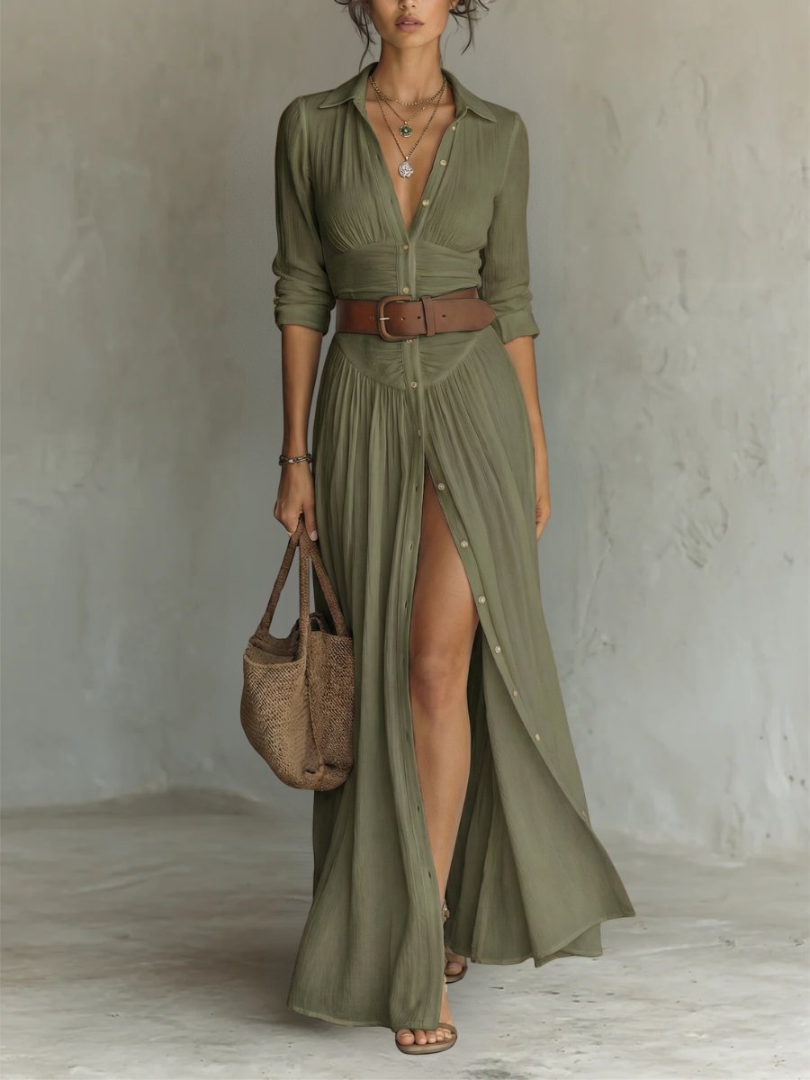 Women's Boho Button-Front Belted Maxi Shirt Dress - Green