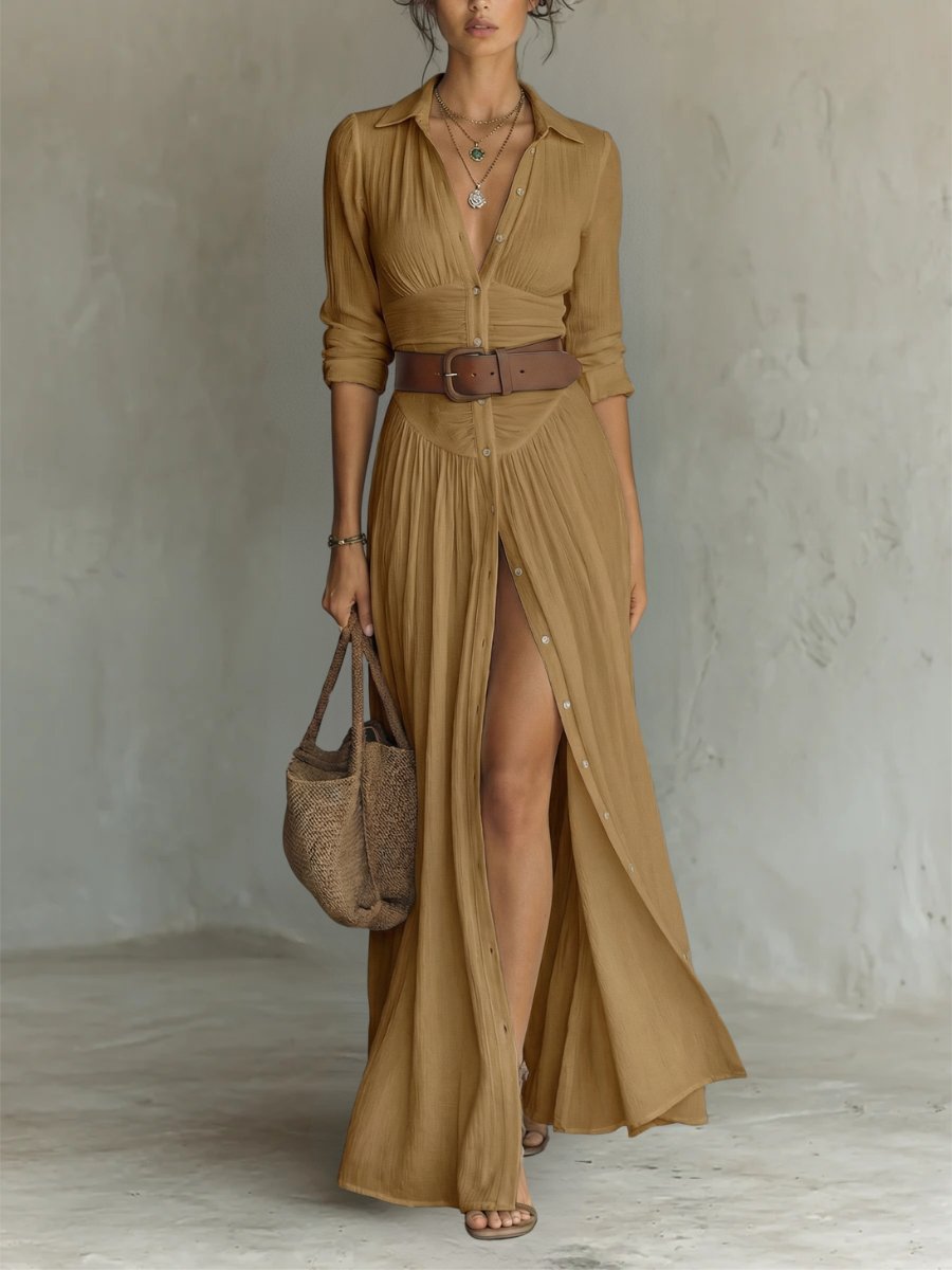 Women's Boho Button-Front Belted Maxi Shirt Dress - Brown