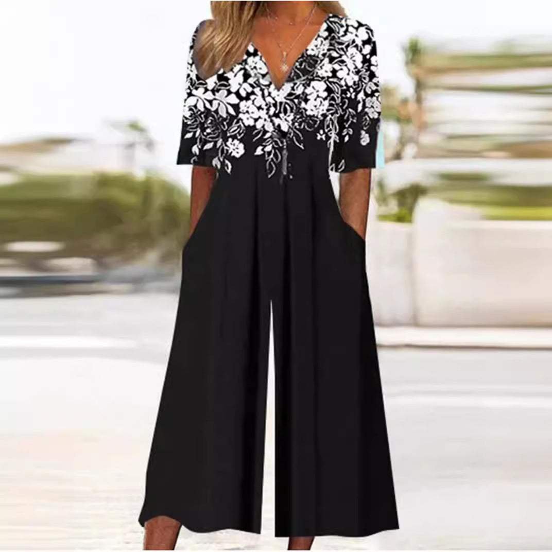 Women's Boho Floral Print V-Neck Wide-Leg Jumpsuit - Black