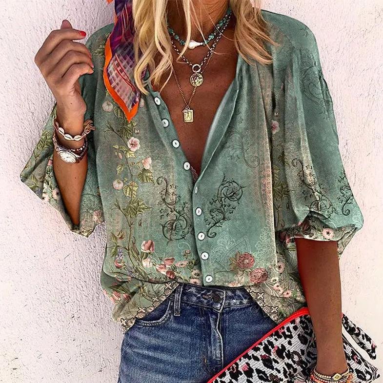 Women's Boho Floral V-Neck Long Sleeve Button-Down Blouse - Green