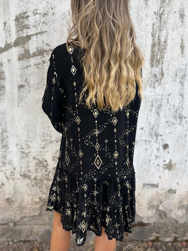 Women's Boho Gold-Embellished Flared-Sleeve Tiered Mini Dress