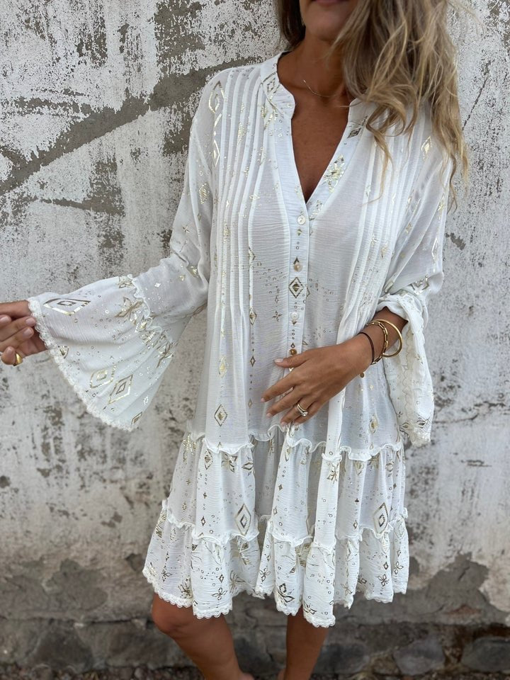 Women's Boho Gold-Embellished Flared-Sleeve Tiered Mini Dress